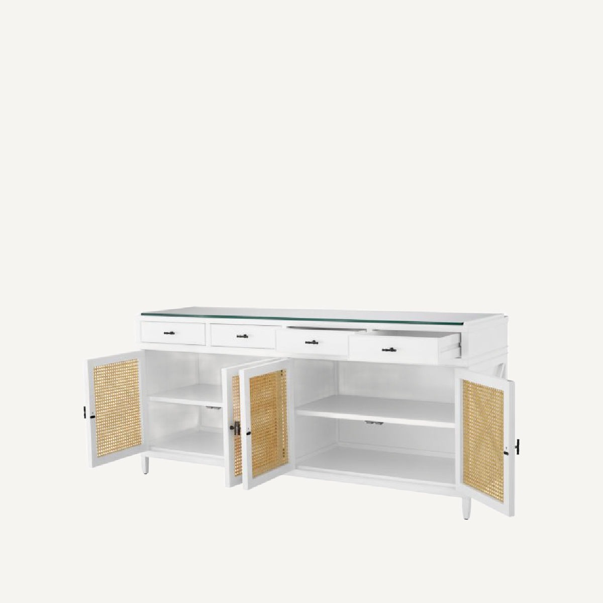 Buffet en bois blanc et rotin