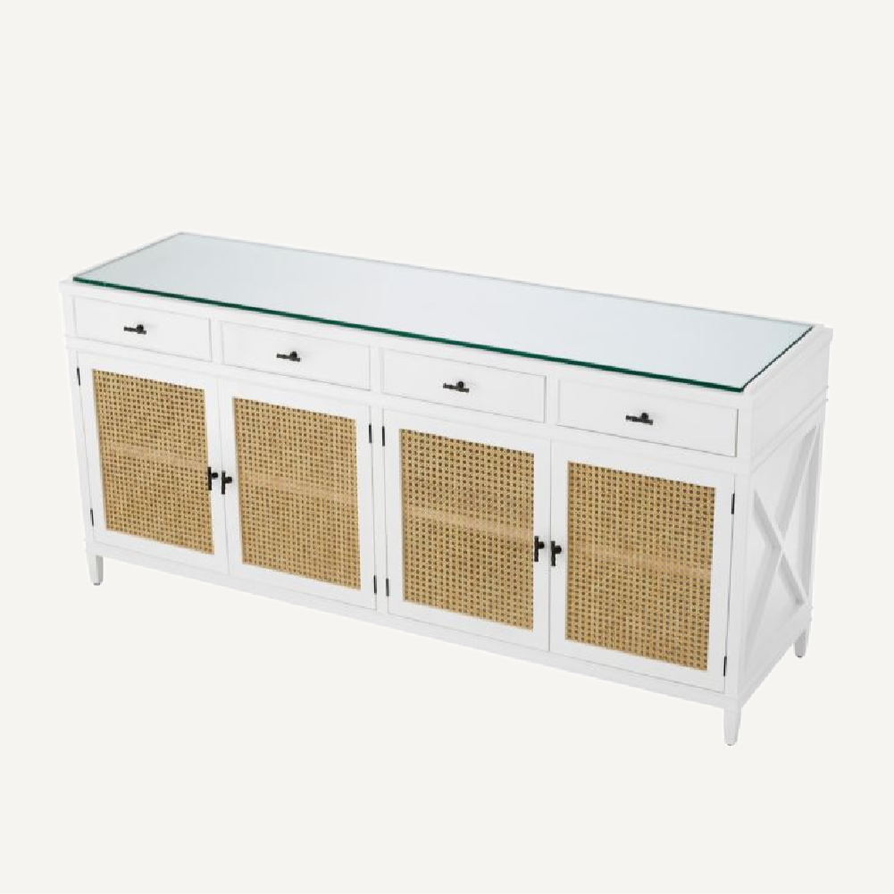 Buffet en bois blanc et rotin