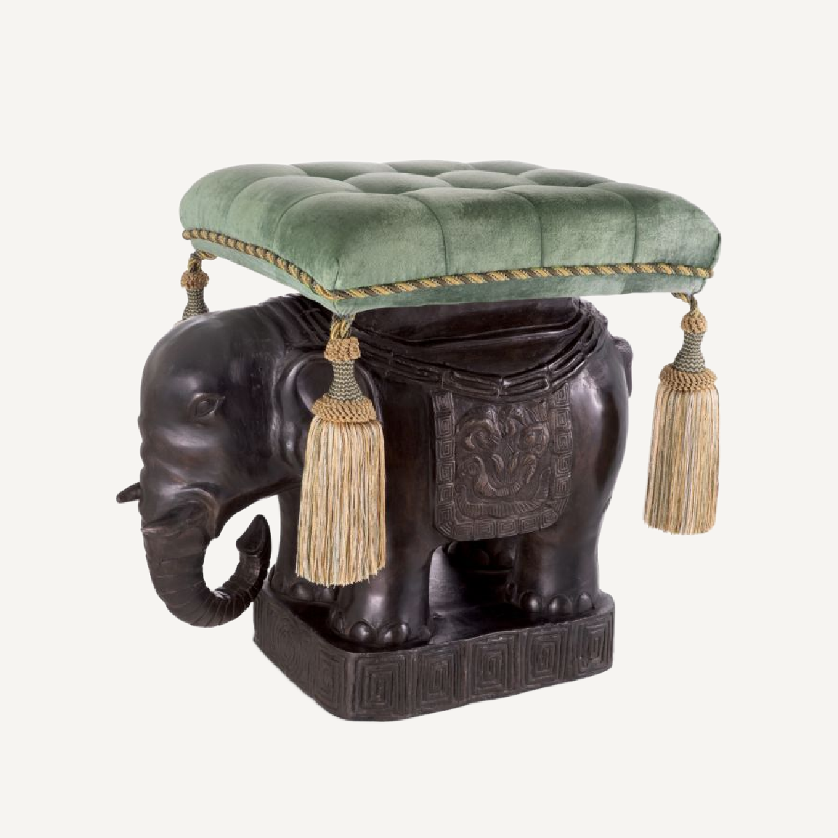 Pouf en bronze et velours vert