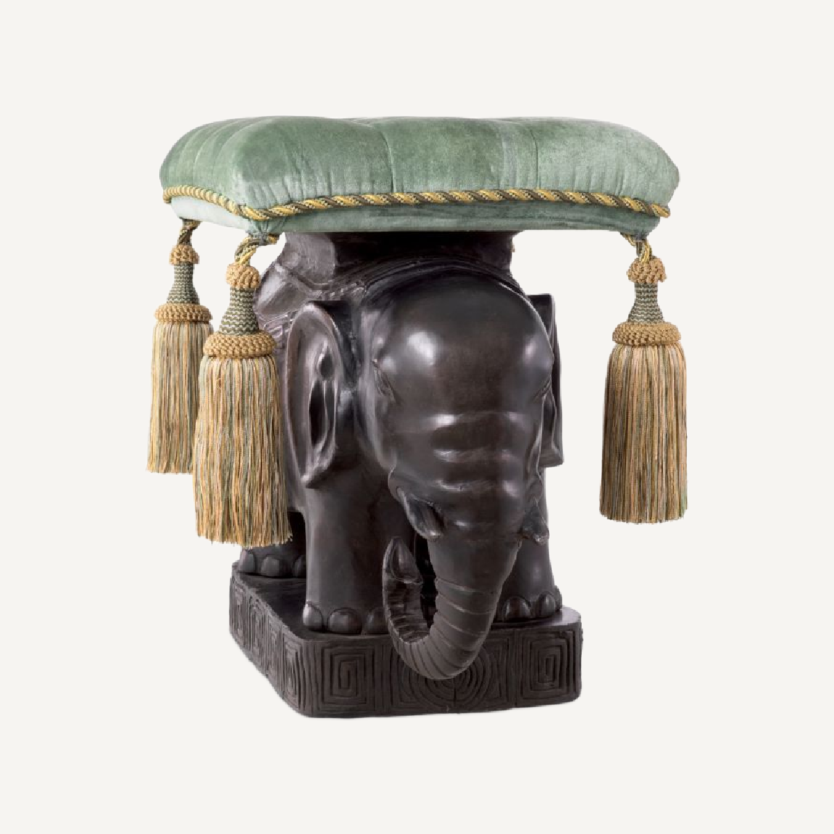 Pouf en bronze et velours vert