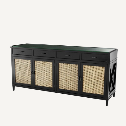 Buffet en bois noir et rotin