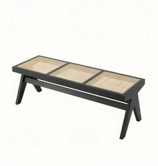 Black Wood and Rattan Bench Natural Woven Patio Seating