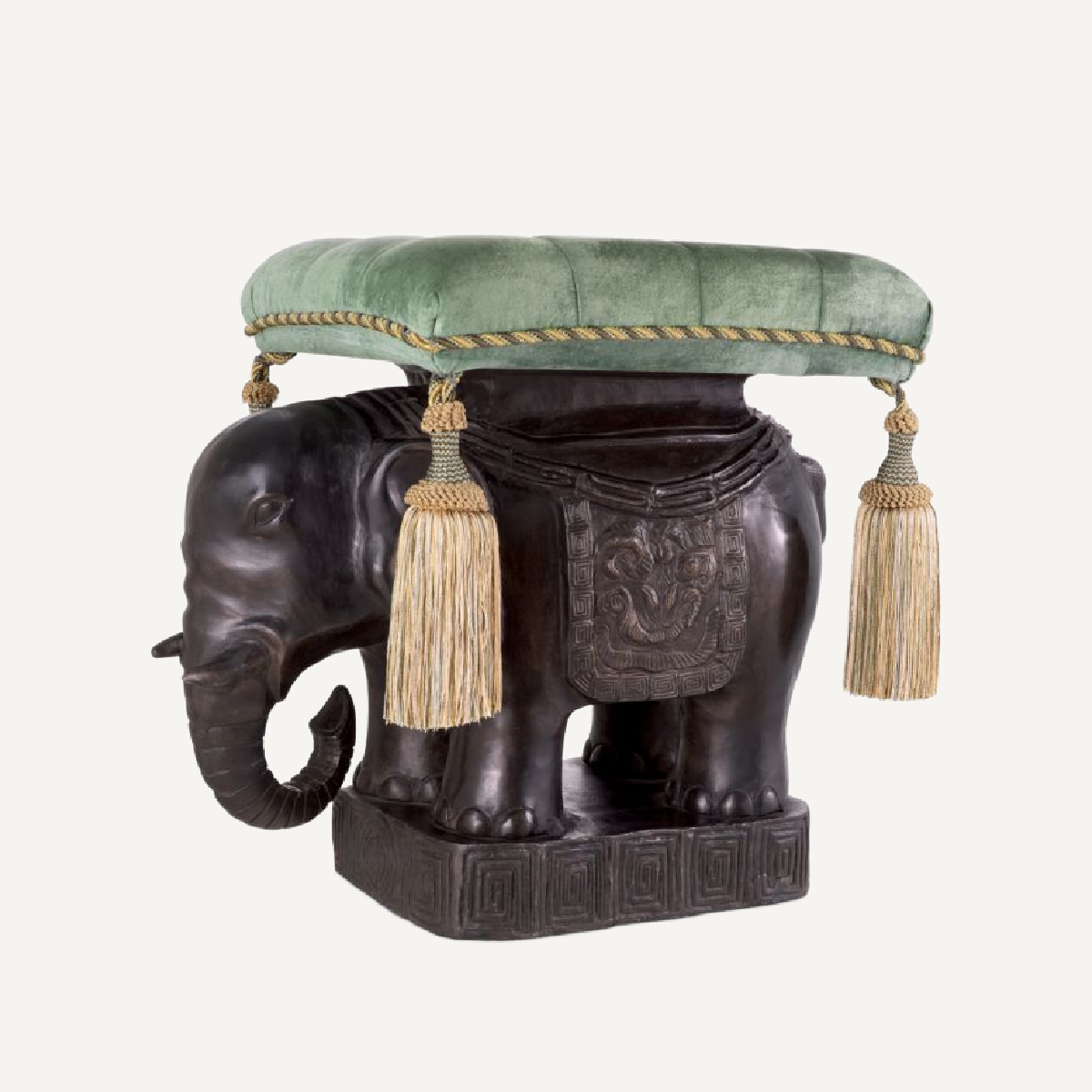 Pouf en bronze et velours vert
