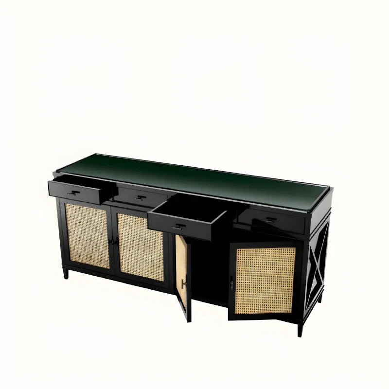 Buffet en bois noir et rotin