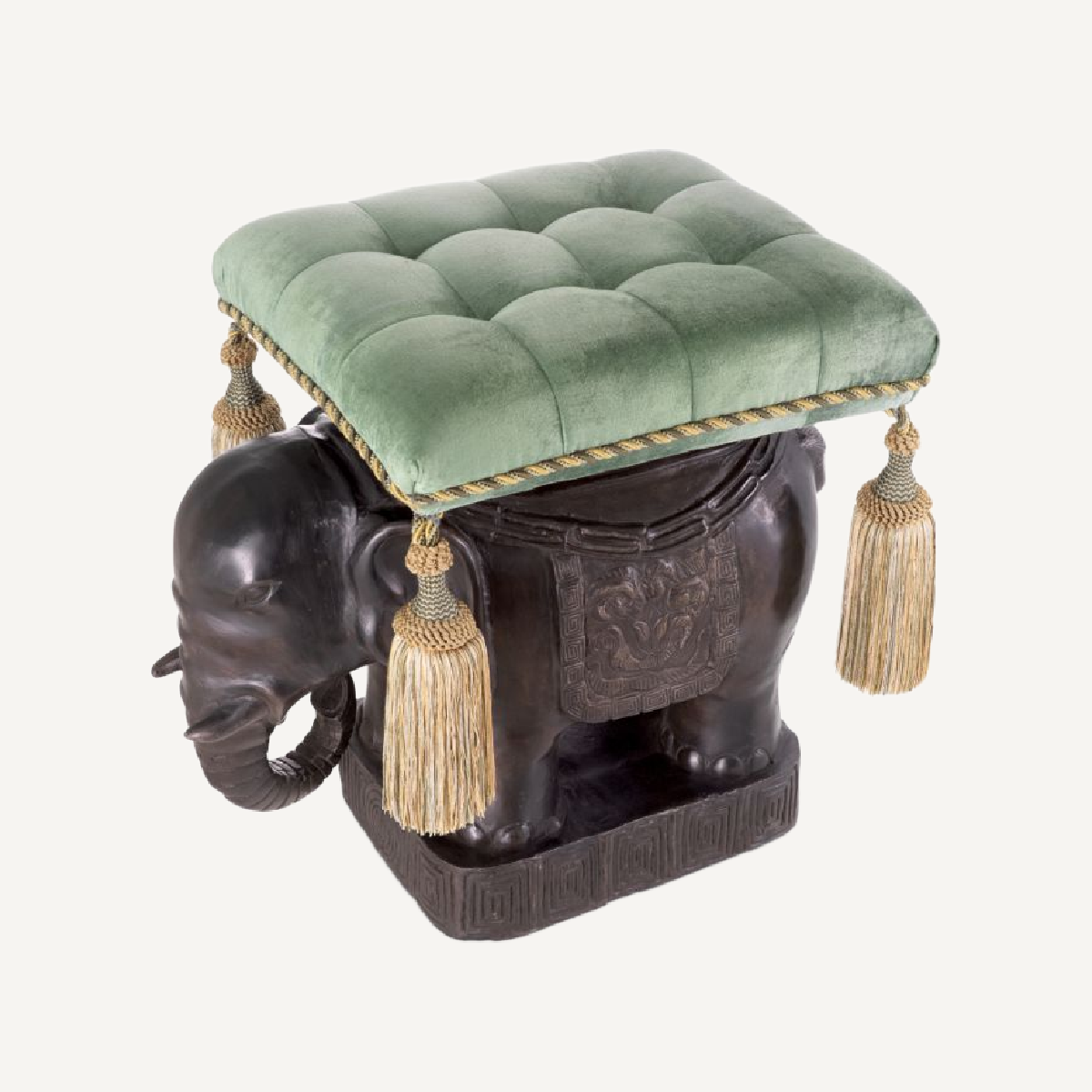 Pouf en bronze et velours vert