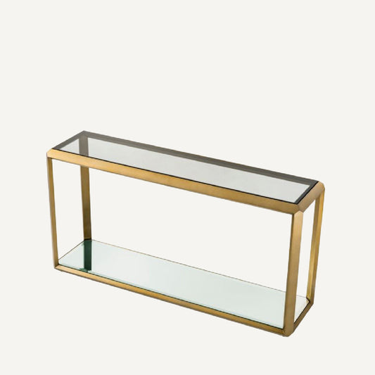 Console dorée en verre fumé